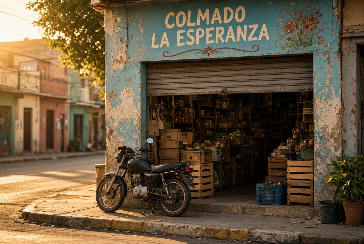 Colmado de barrio al atardecer, con la puerta abierta a la calle